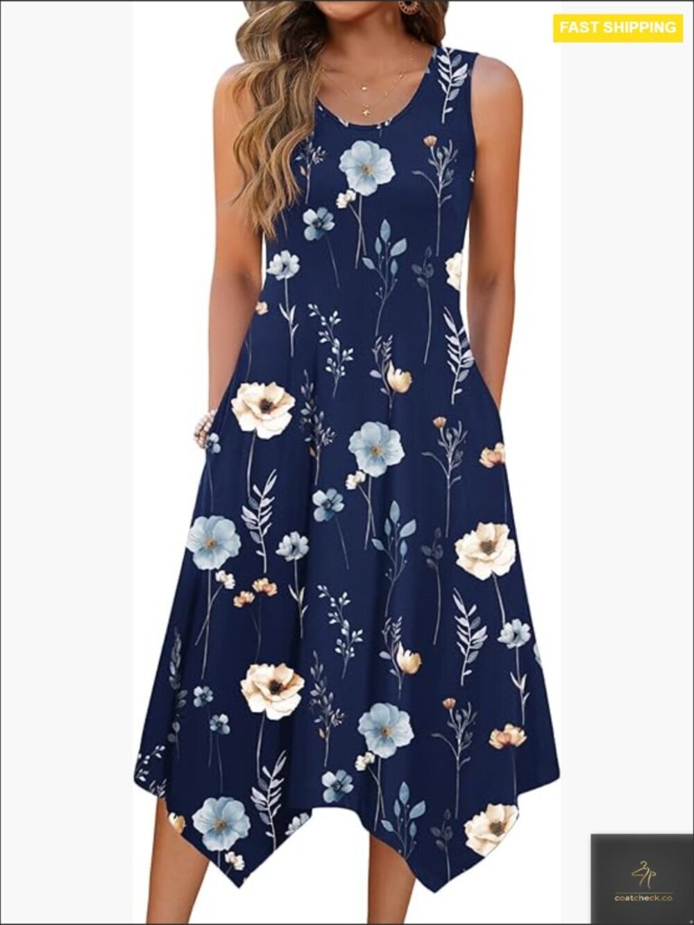Floral Print Midi Sundress with Pockets Loose Flowy Bohemian Beach Dress